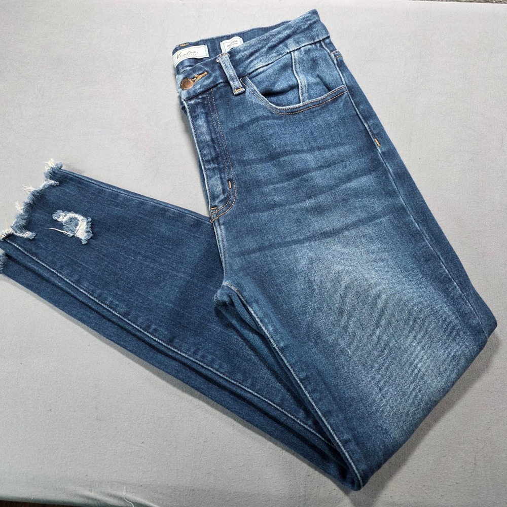 KanCan Signature High Rise Ankle Skinny Jeans Medium Wash Distressed Hem 28